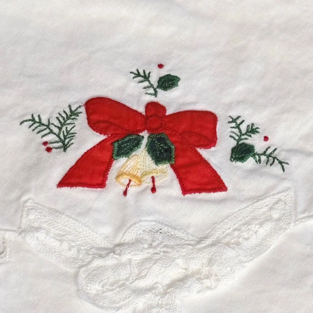Vintage Christmas Embroidered Scalloped Linen Napkins White Red Bow Bells‎ Set 3
